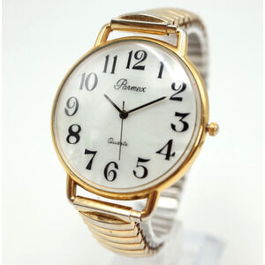 Vintage Parmex Gold Tone MOP Watch 44mm Dial Stretch Band with New Battery